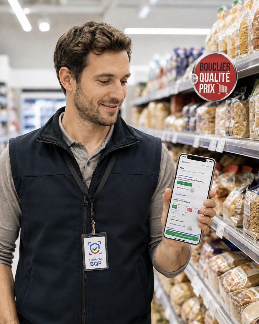 Agent Contrôle BQP relevant les prix en magasin, badge Bouclier Qualité Prix